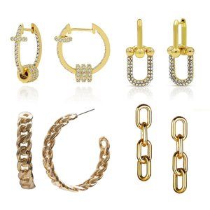 4 Pairs Earring Set, Gold Plated Trend Earrings, Hoops, Drop Earrings